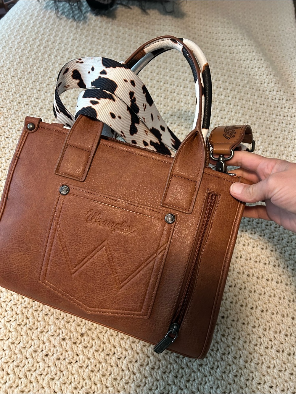 Wrangler Brown and White Cow Print Satchel with Leather Trim - Picture 3 of 8